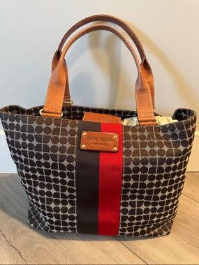 Kate Spade Classic and Iconic Black Print Tote with Brown Leader handles.